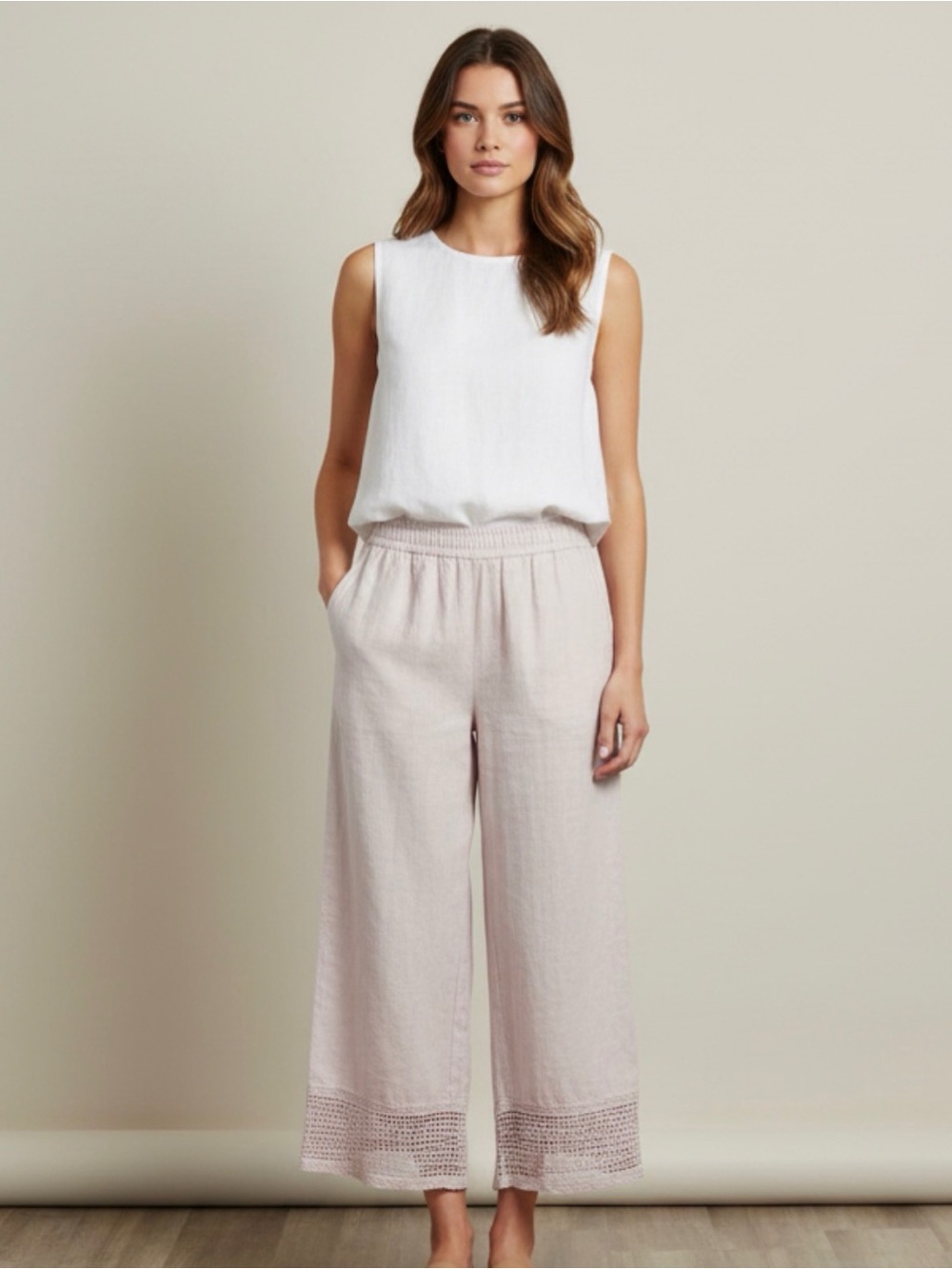 Made in Italy 100% Linen Smocked Waist Crochet-Hem Wide Leg Pants - Blush